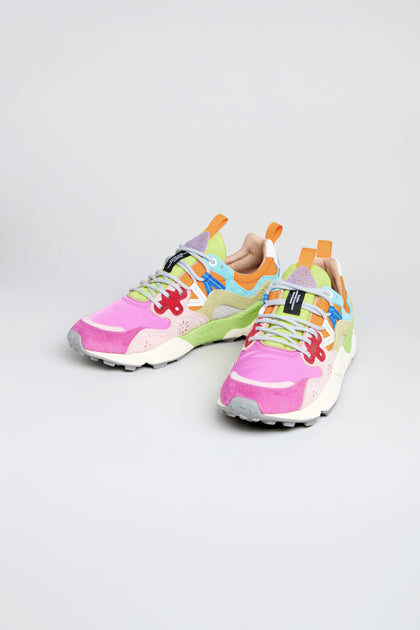The Fuchsia Yamano 3 Colour Pop Trainers are vibrant women's outdoor sneakers with pink, green, purple, blue, orange, and white accents, shown on a plain light background.
