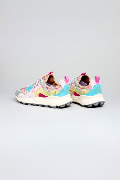 A pair of Yamano 3 Floral Suede Nylon Trainers featuring floral patterns and pastel pink, blue, yellow, and gray accents set against a plain white background.