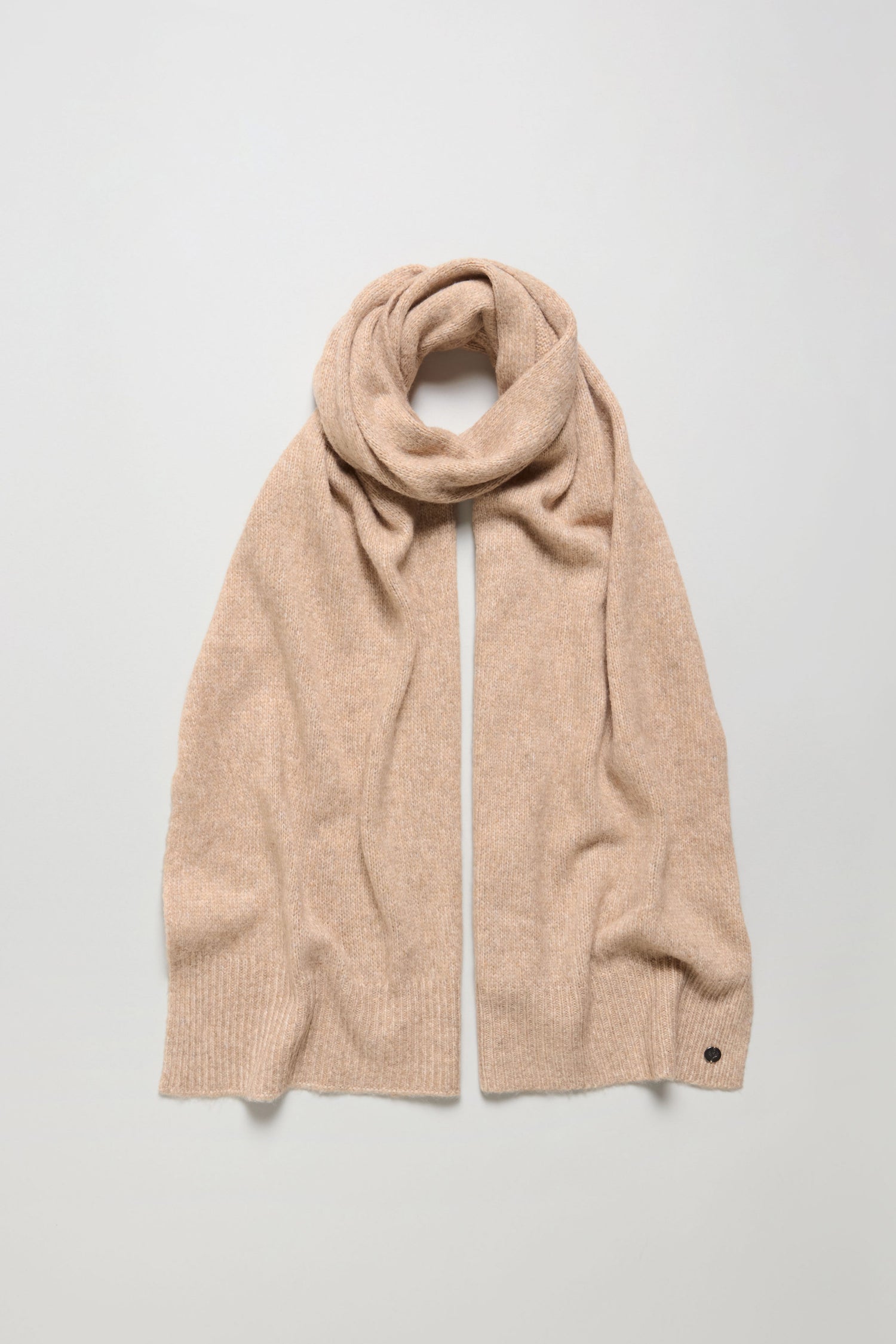 A Wool Mix Sand Scarf by FRAAS is laid flat on a white background, both ends visible, with a small round logo detail on one end.