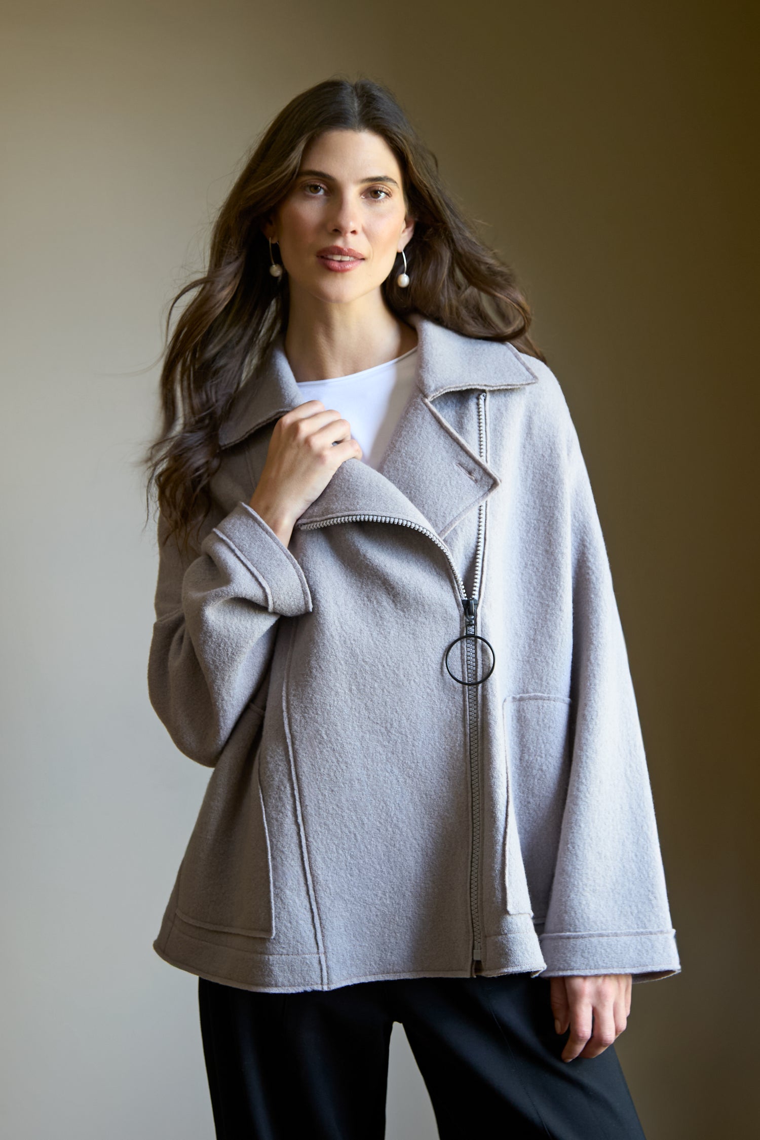 Boiled Wool Zip Mushroom Boxy Jacket
