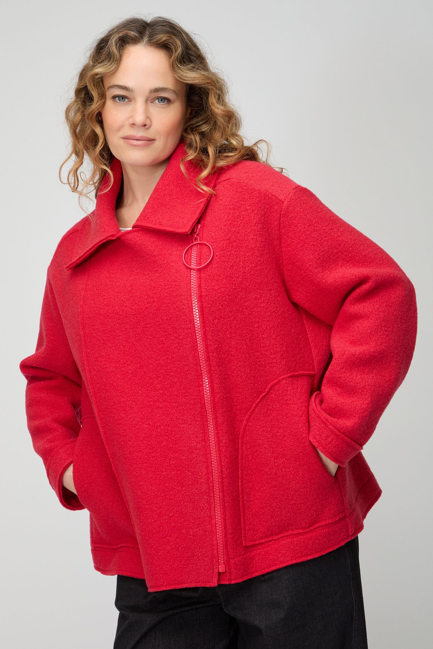 Boiled Wool Zip Tomato Boxy Jacket