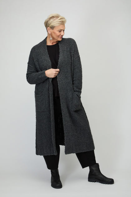 Charcoal Boucle Knit Long Cardi