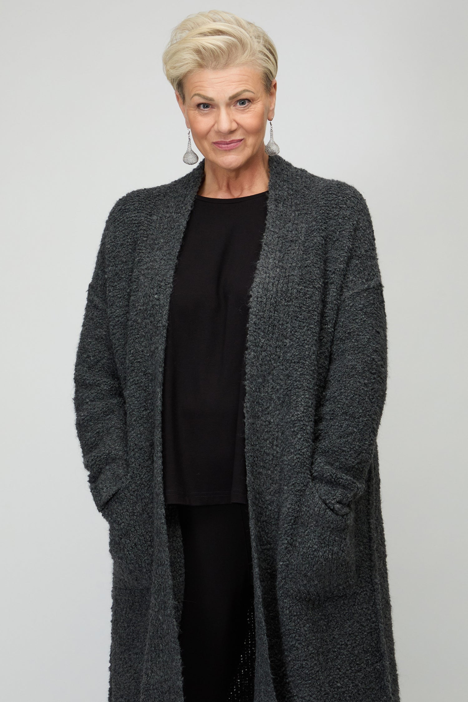 Charcoal Boucle Knit Long Cardi