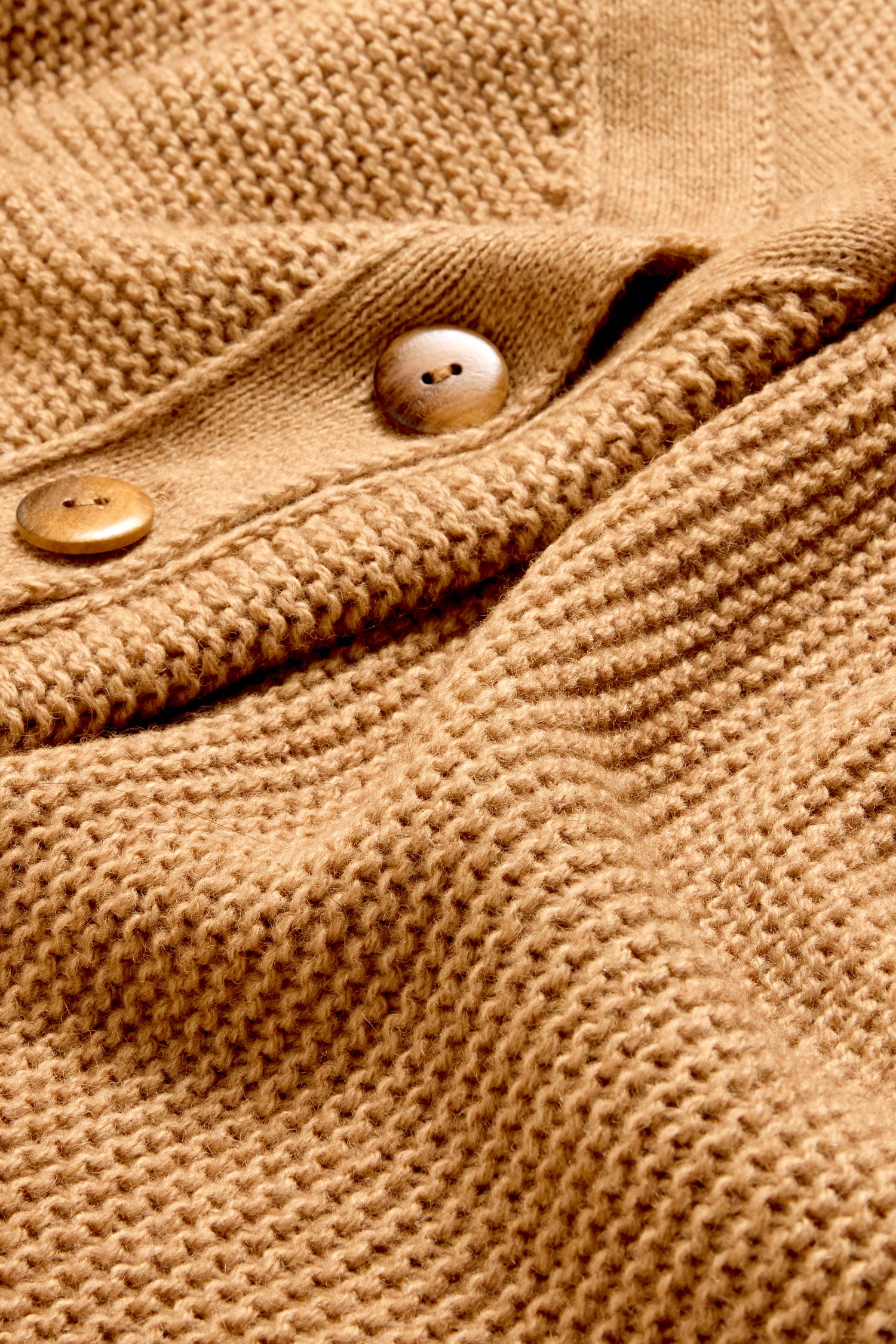 Close-up of the Camel Ribbed Wool Blend Button Jumper, featuring textured tan knitwear fabric with a ribbed pattern and three wooden buttons.