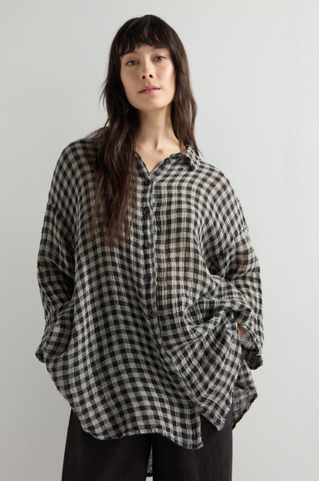 【BAON】Lumid wool check shirt long one piece Linen Check Shirt – Sahara