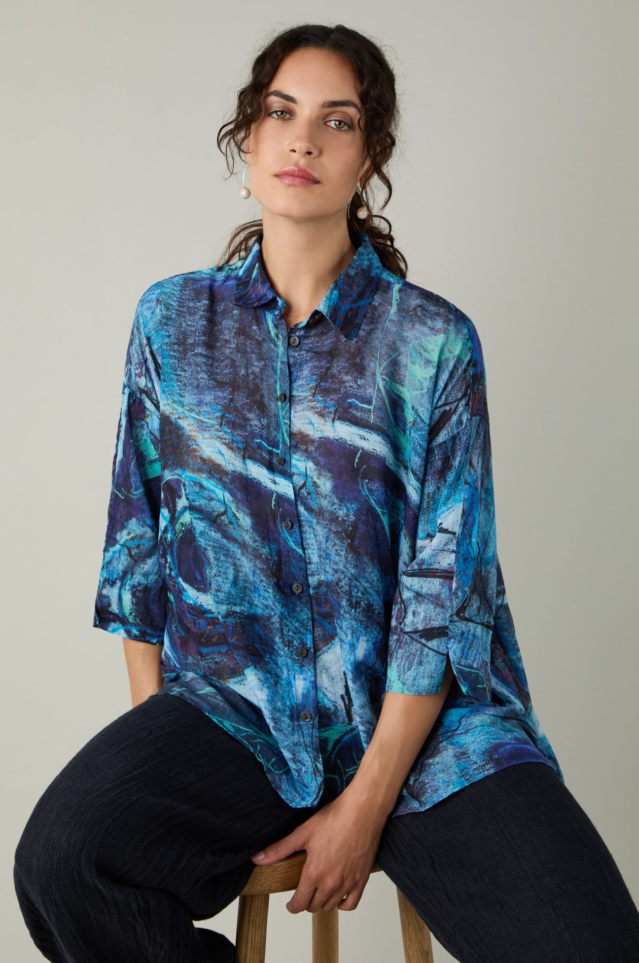 Abstract Print Flared Shirt  Sahara