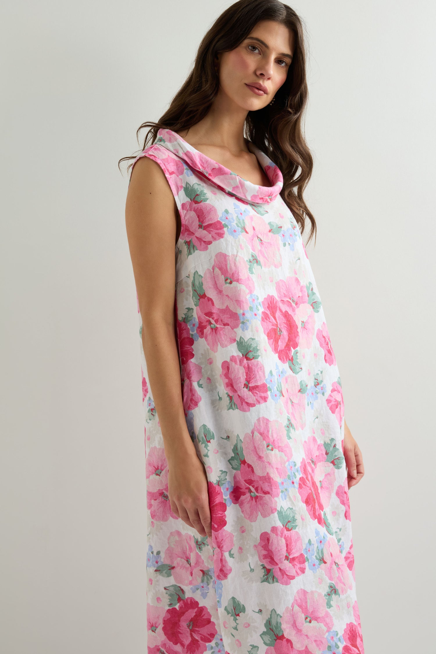 Sleeveless Peony Blossom Linen Dress