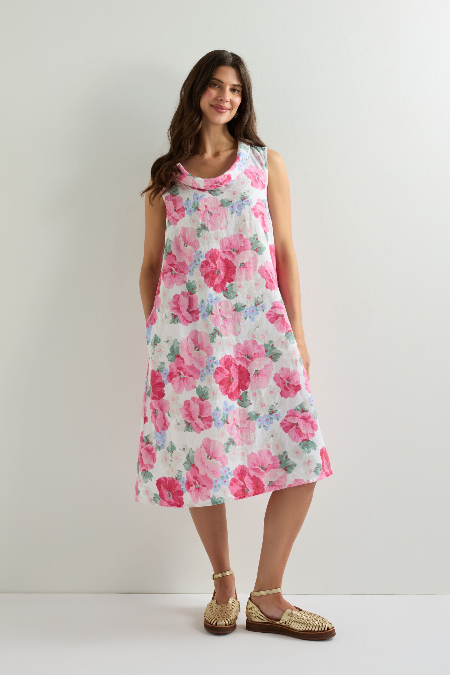 Sleeveless Peony Blossom Linen Dress
