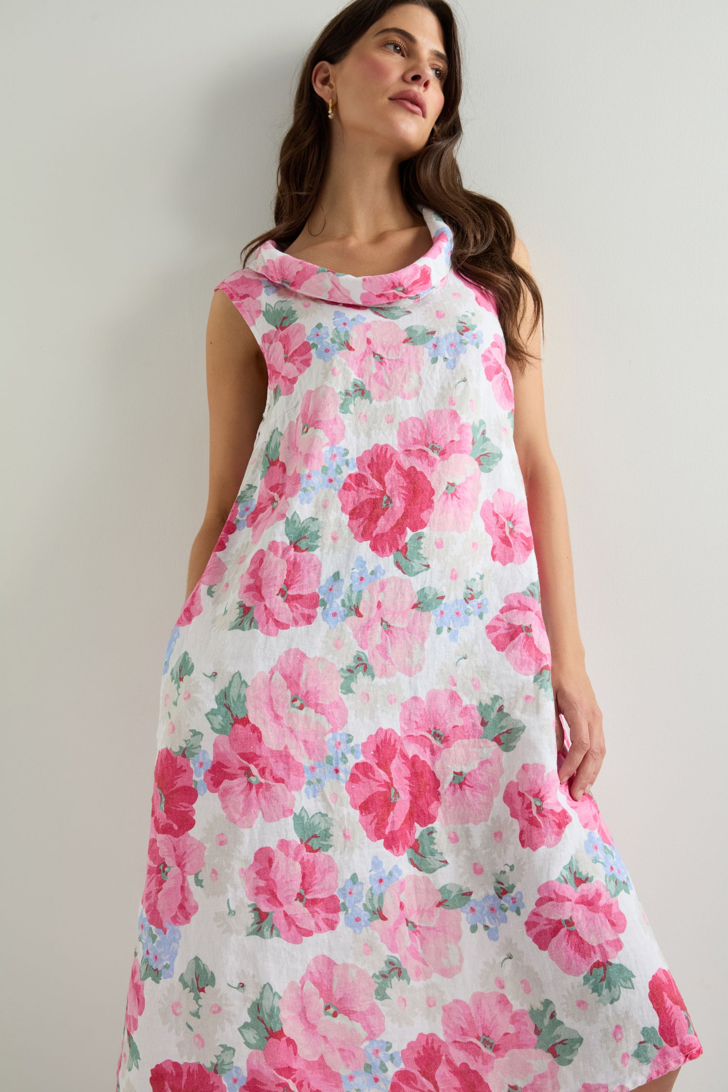 Sleeveless Peony Blossom Linen Dress