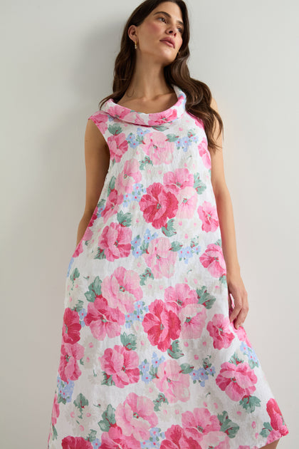 Sleeveless Peony Blossom Linen Dress