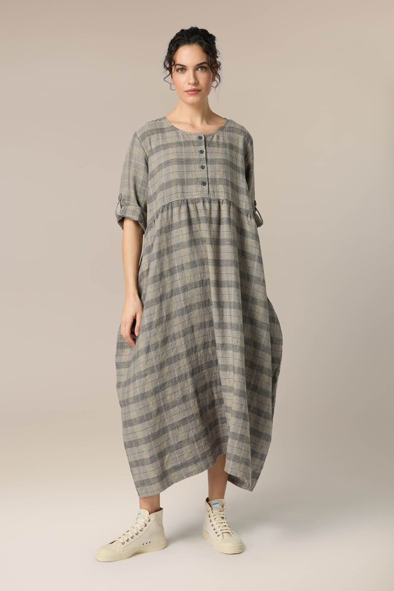 Buttoned Linen Check Dress – Sahara