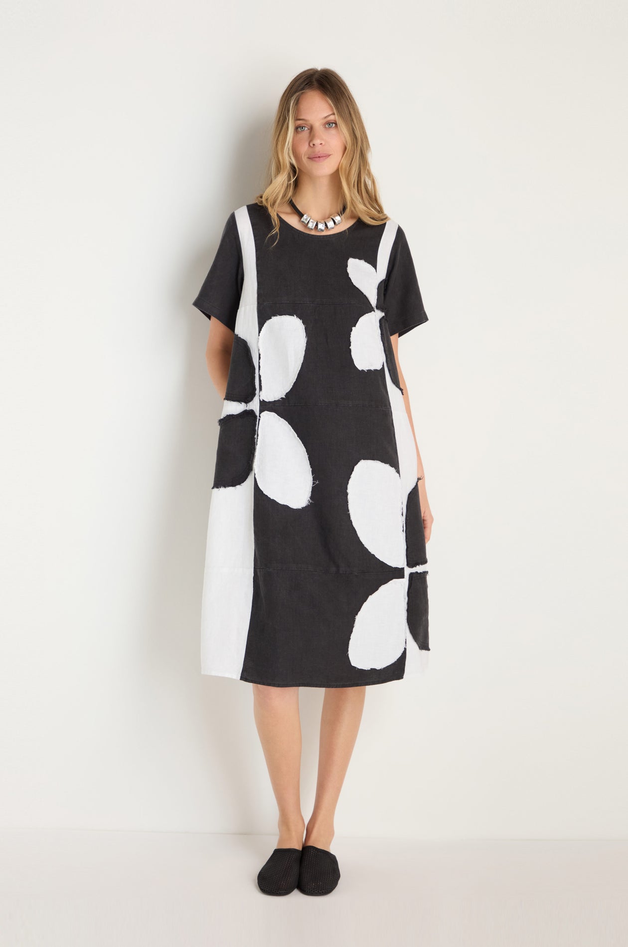 Quant Monochrome Dress | Black Linen Appliqué Midi Dress