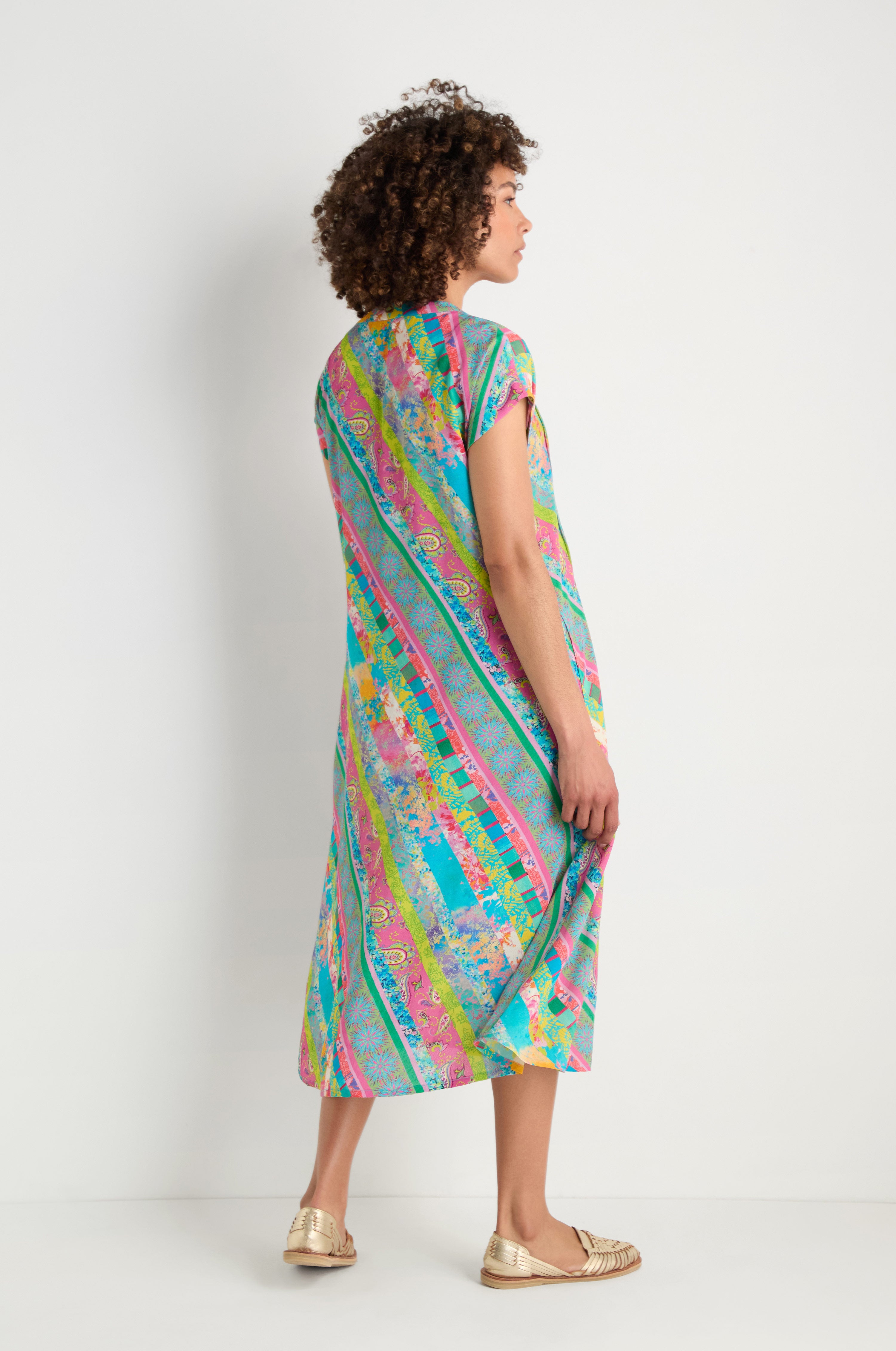 evening dress in cotton patchwork with striped and printed overskirt Ivory Patchwork Print Maxi Dress - All Dresses
