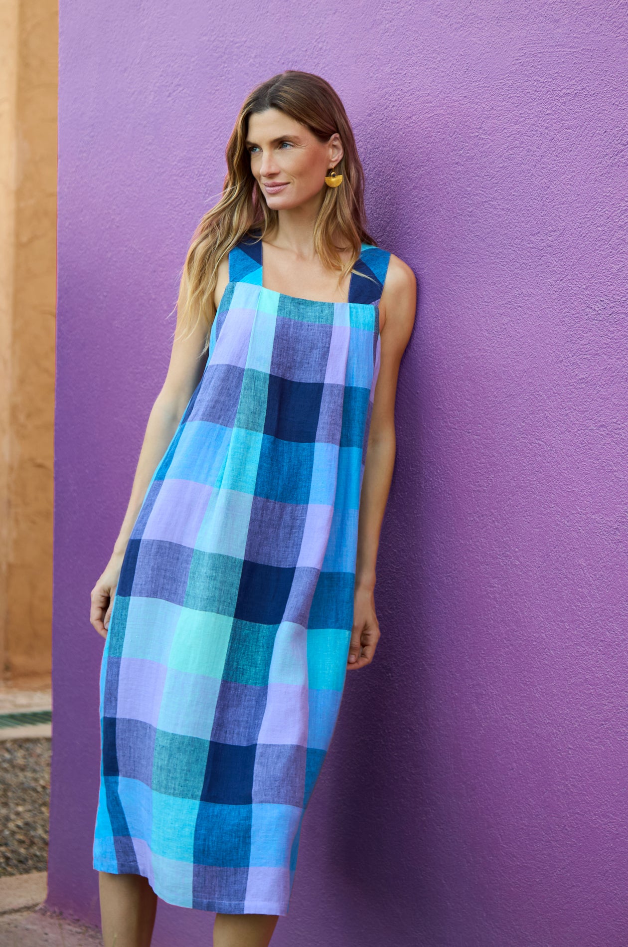 Cross Dye Check Linen Bubble Dress Multi / 3