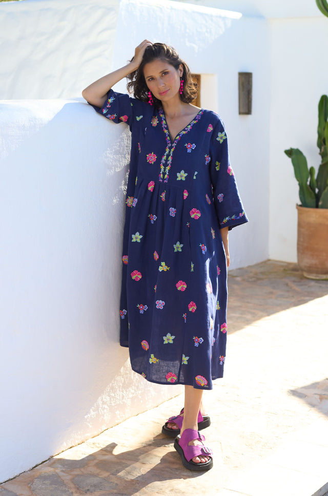 Floral Embroidery Flared Linen Dress – Sahara