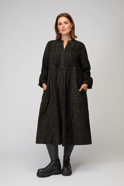 Ornate Textured Black and Khaki Cord Dress