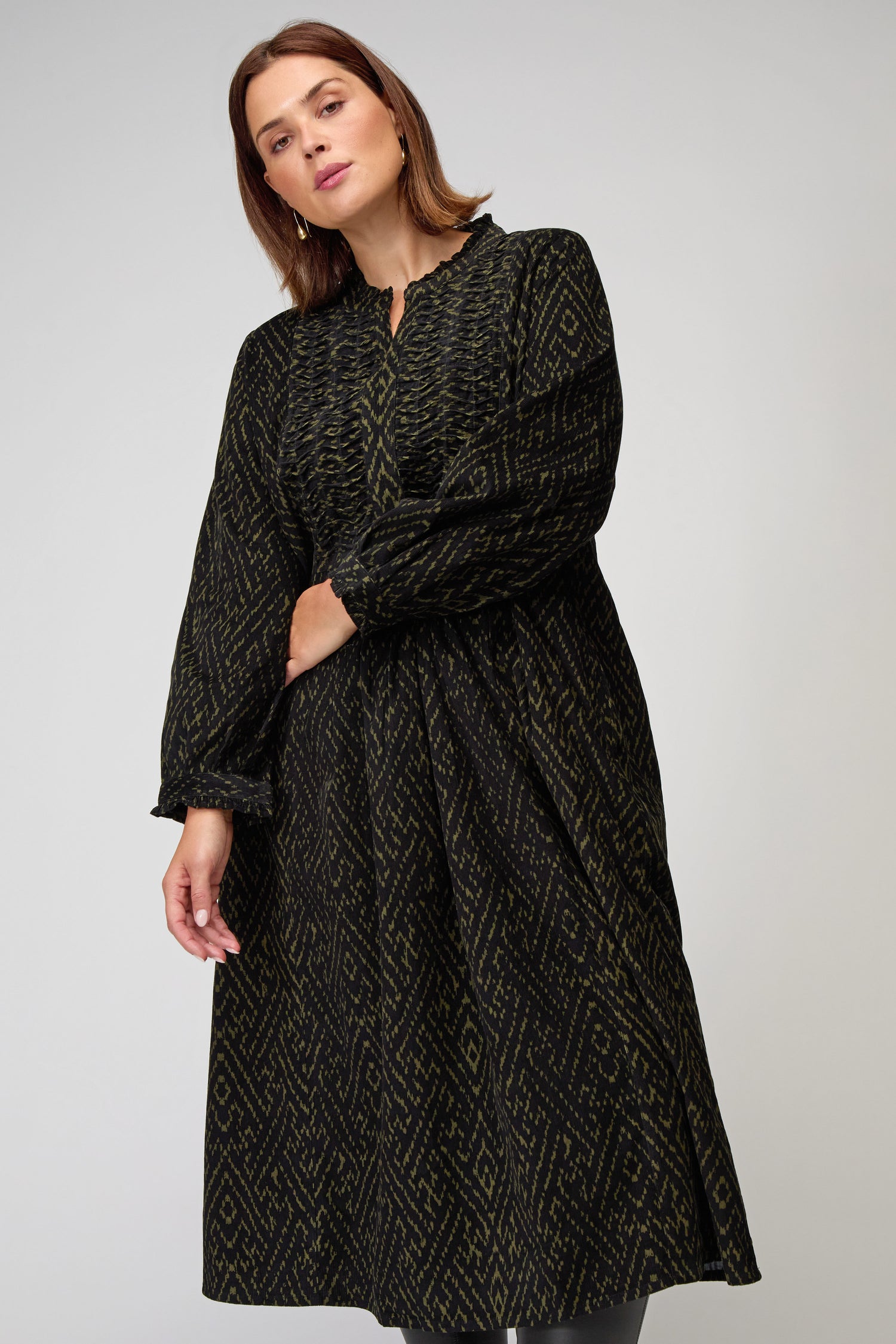Ornate Textured Black and Khaki Cord Dress