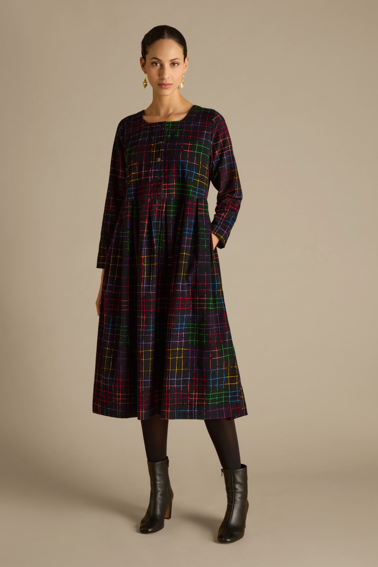 Stitched Check Cord Dress