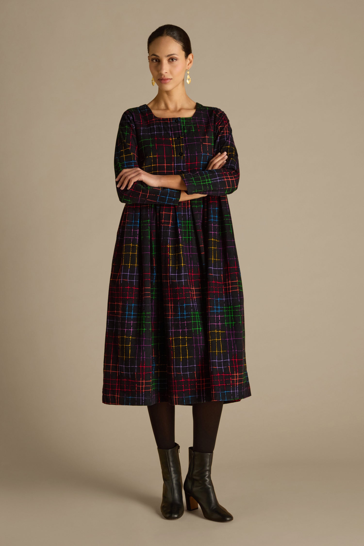 Stitched Check Cord Dress