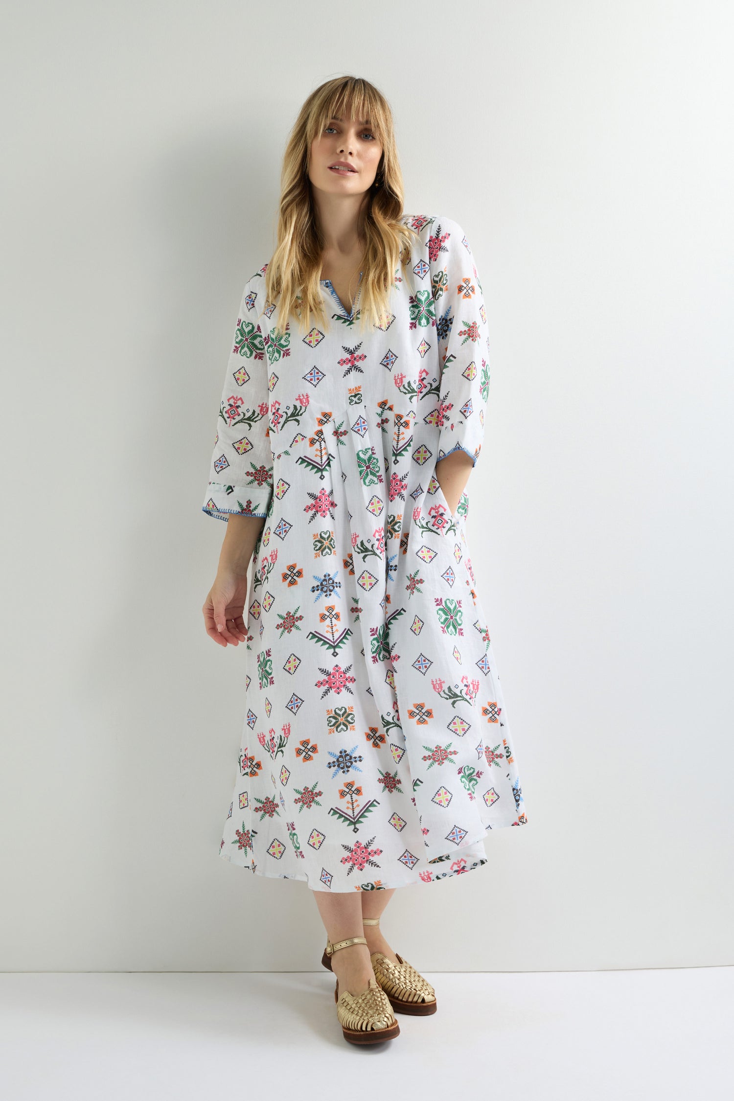 Cross Stitch Print Linen Dress