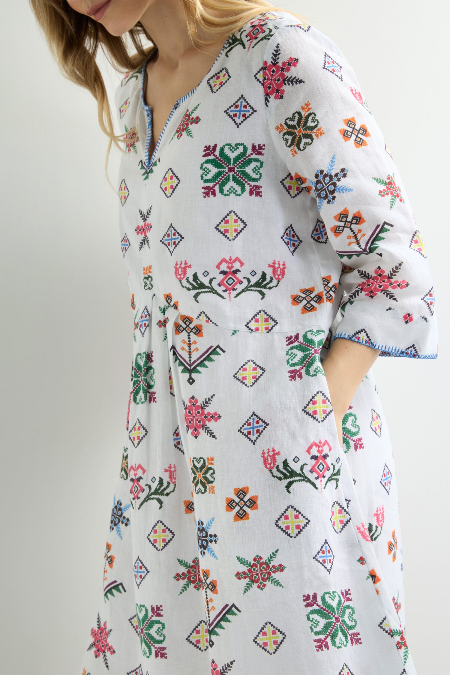 Cross Stitch Print Linen Dress