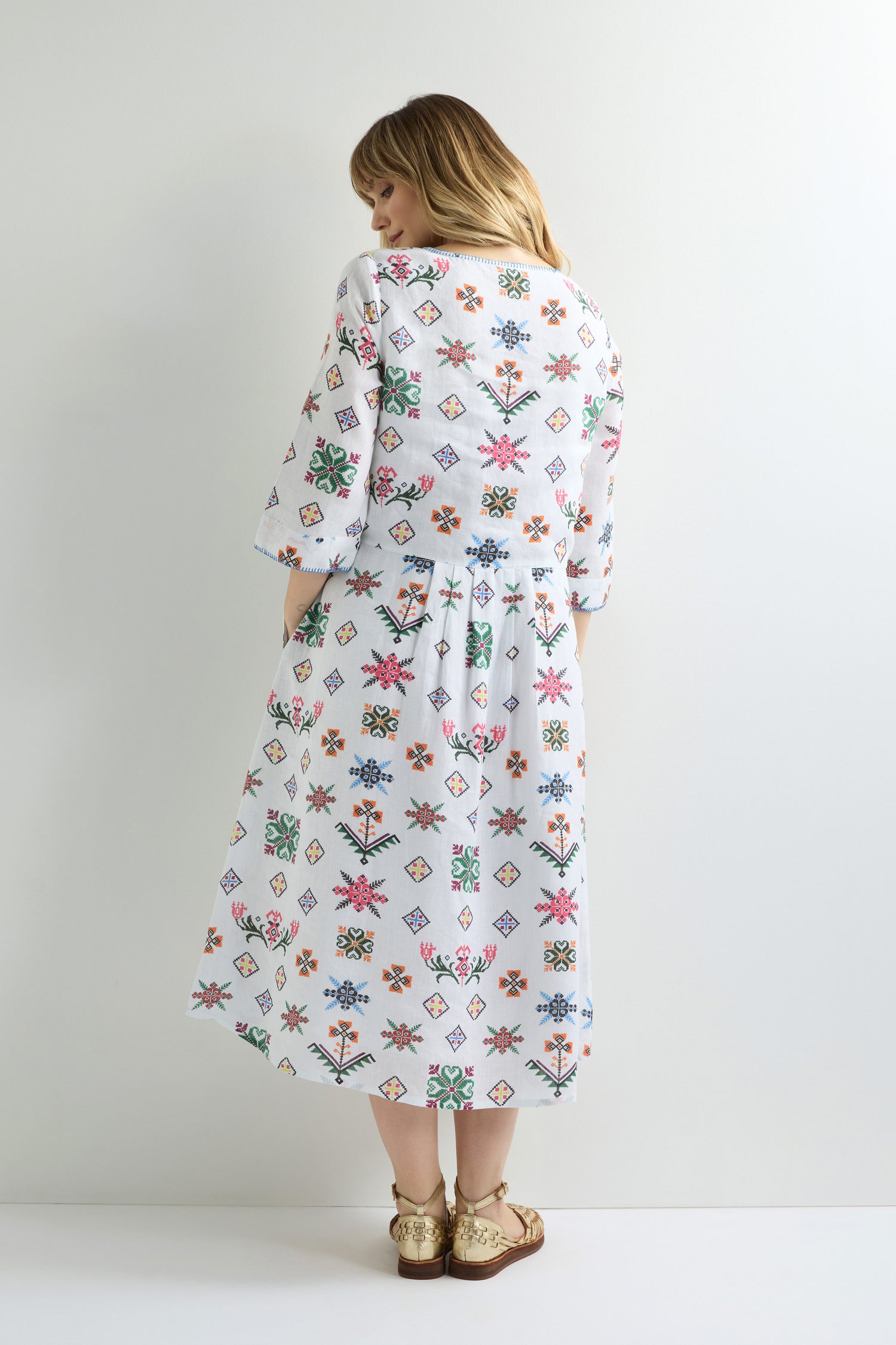 Cross Stitch Print Linen Dress