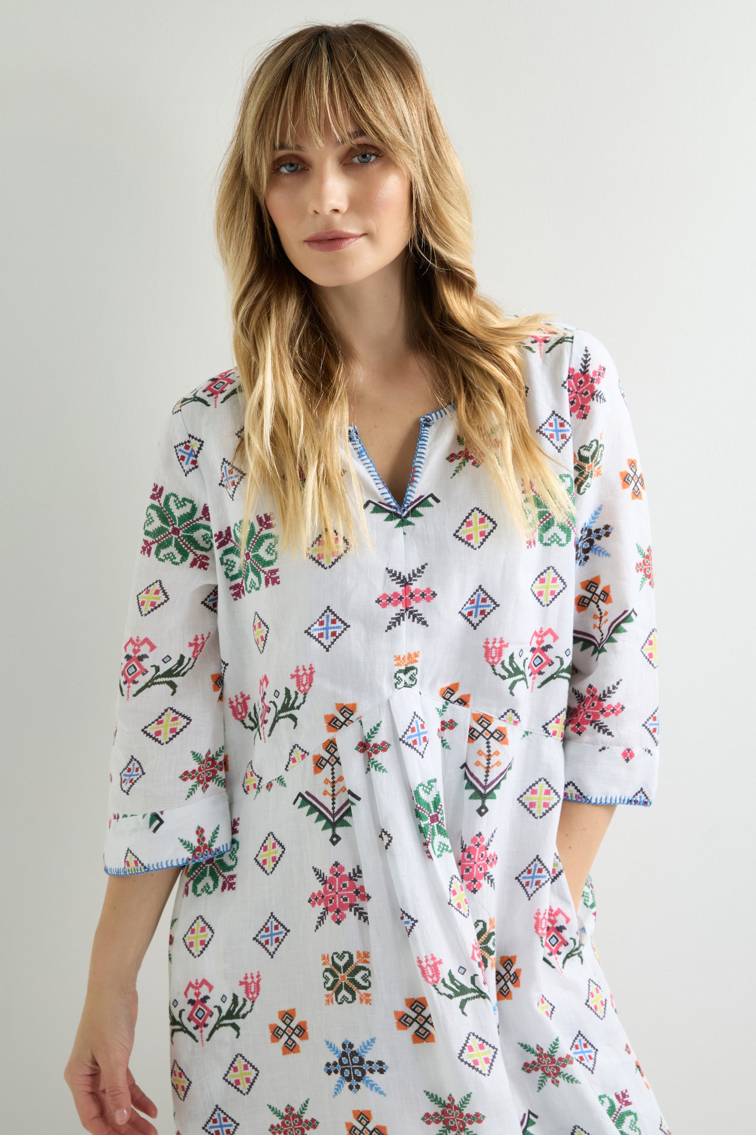 Cross Stitch Print Linen Dress