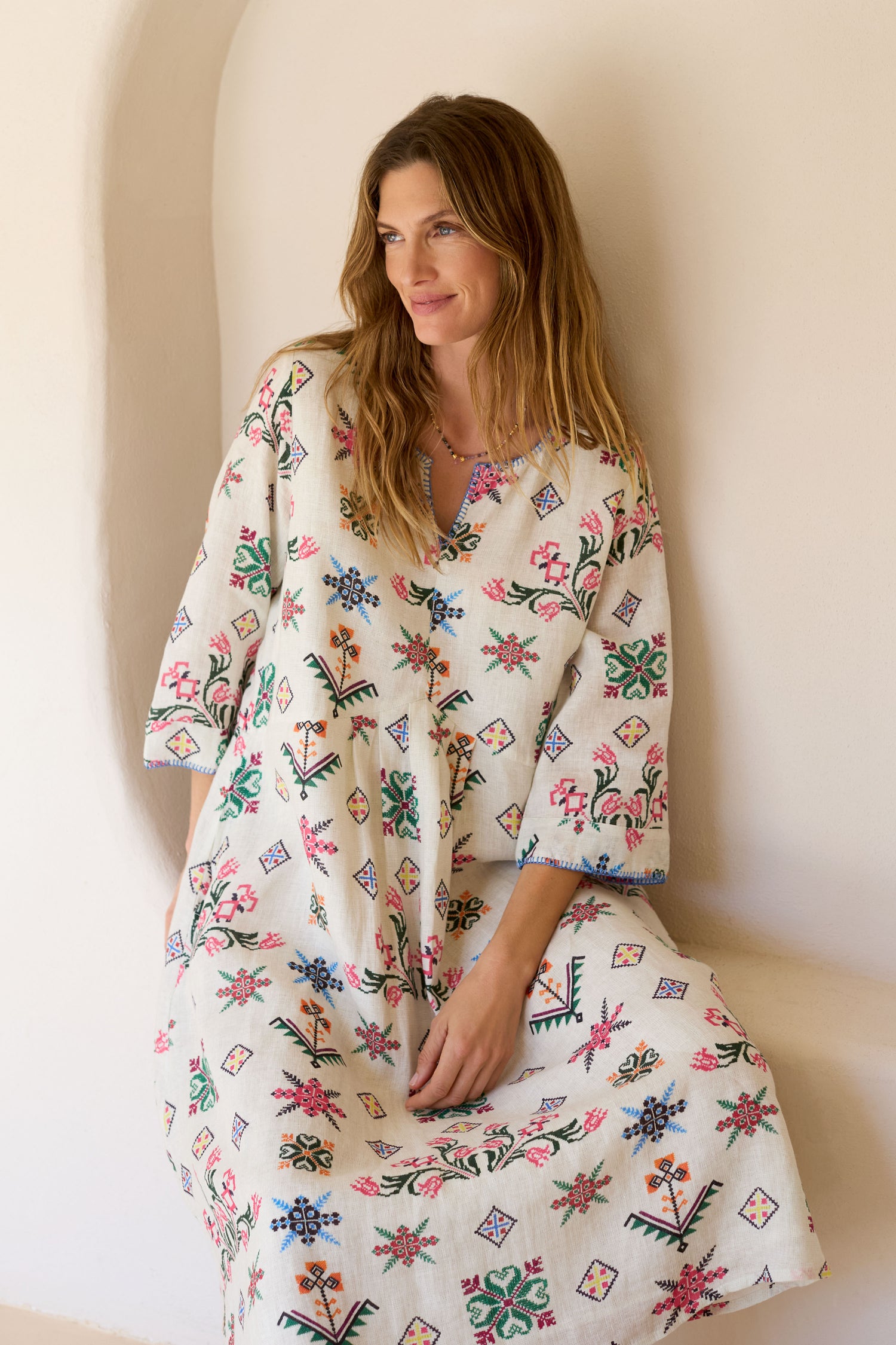 Cross Stitch Print Linen Dress