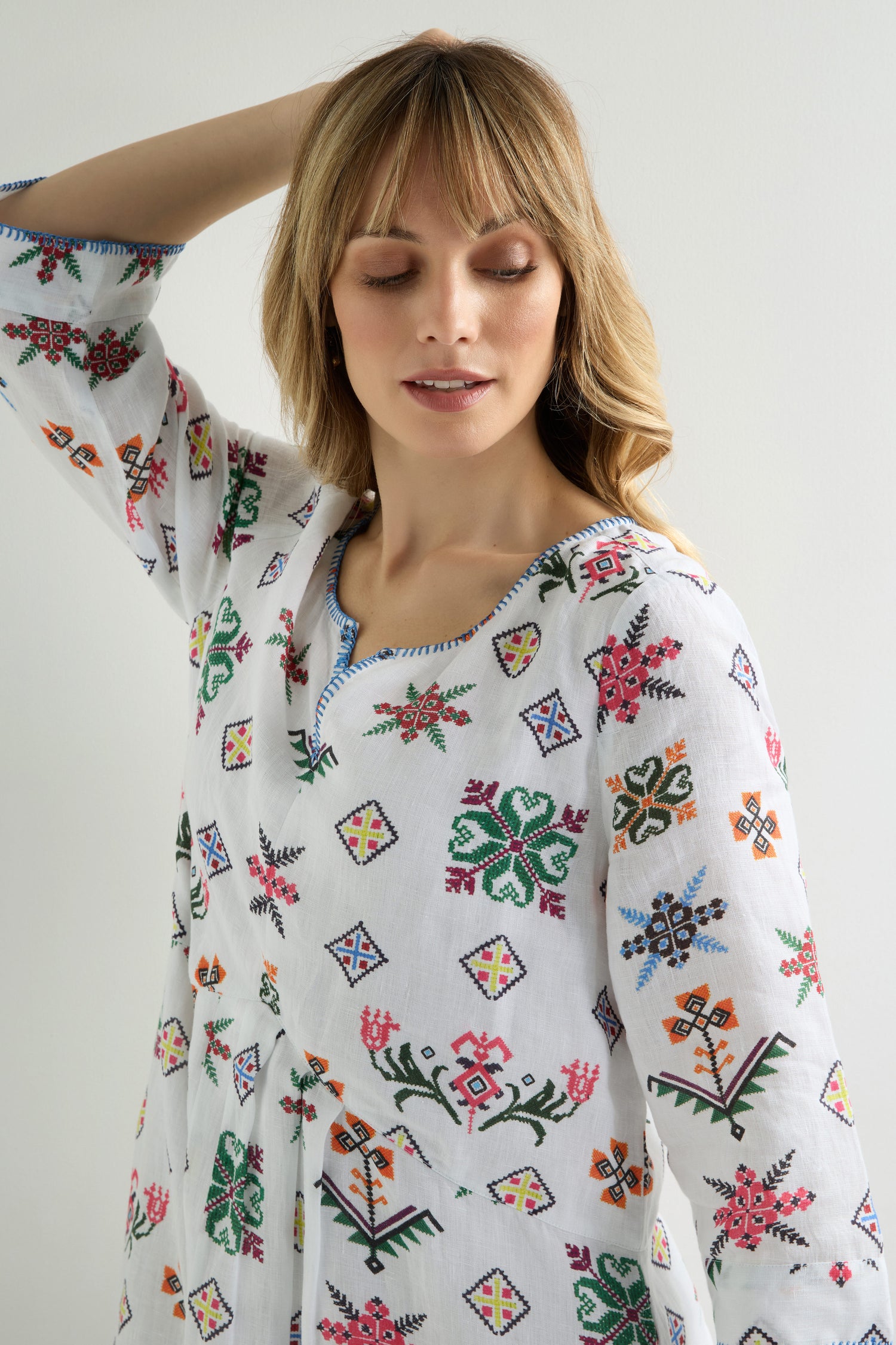 Cross Stitch Print Linen Dress