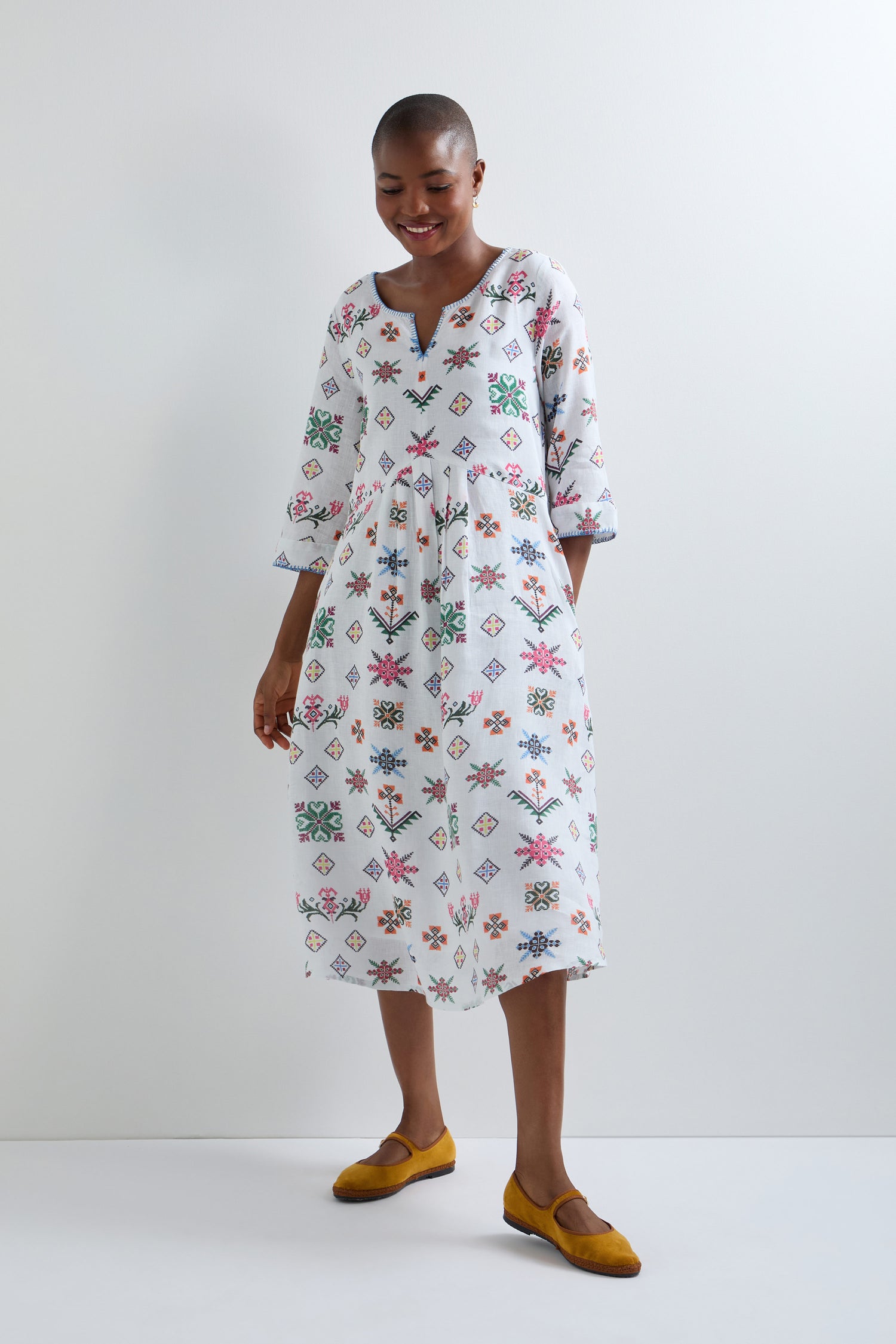 Cross Stitch Print Linen Dress