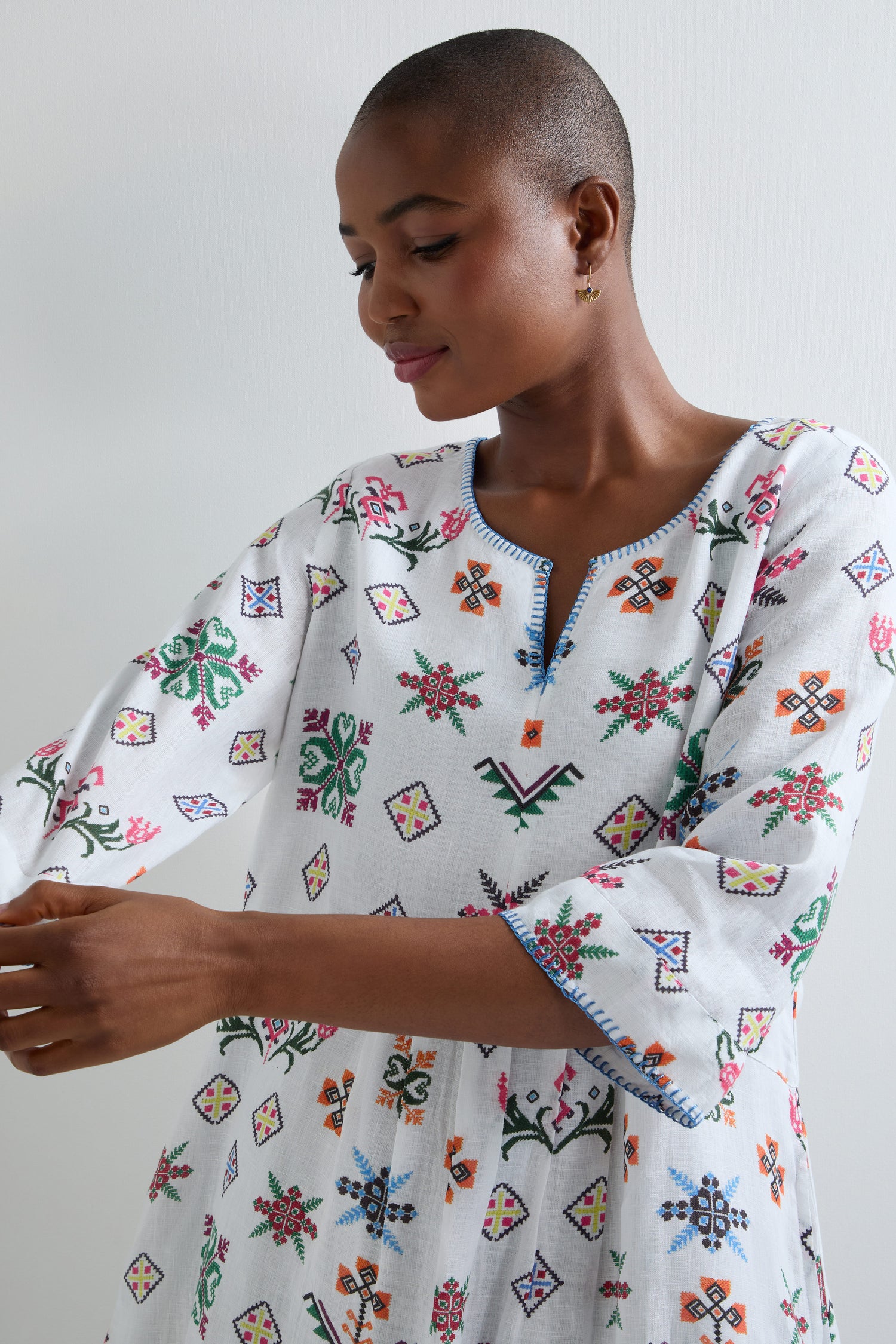 Cross Stitch Print Linen Dress