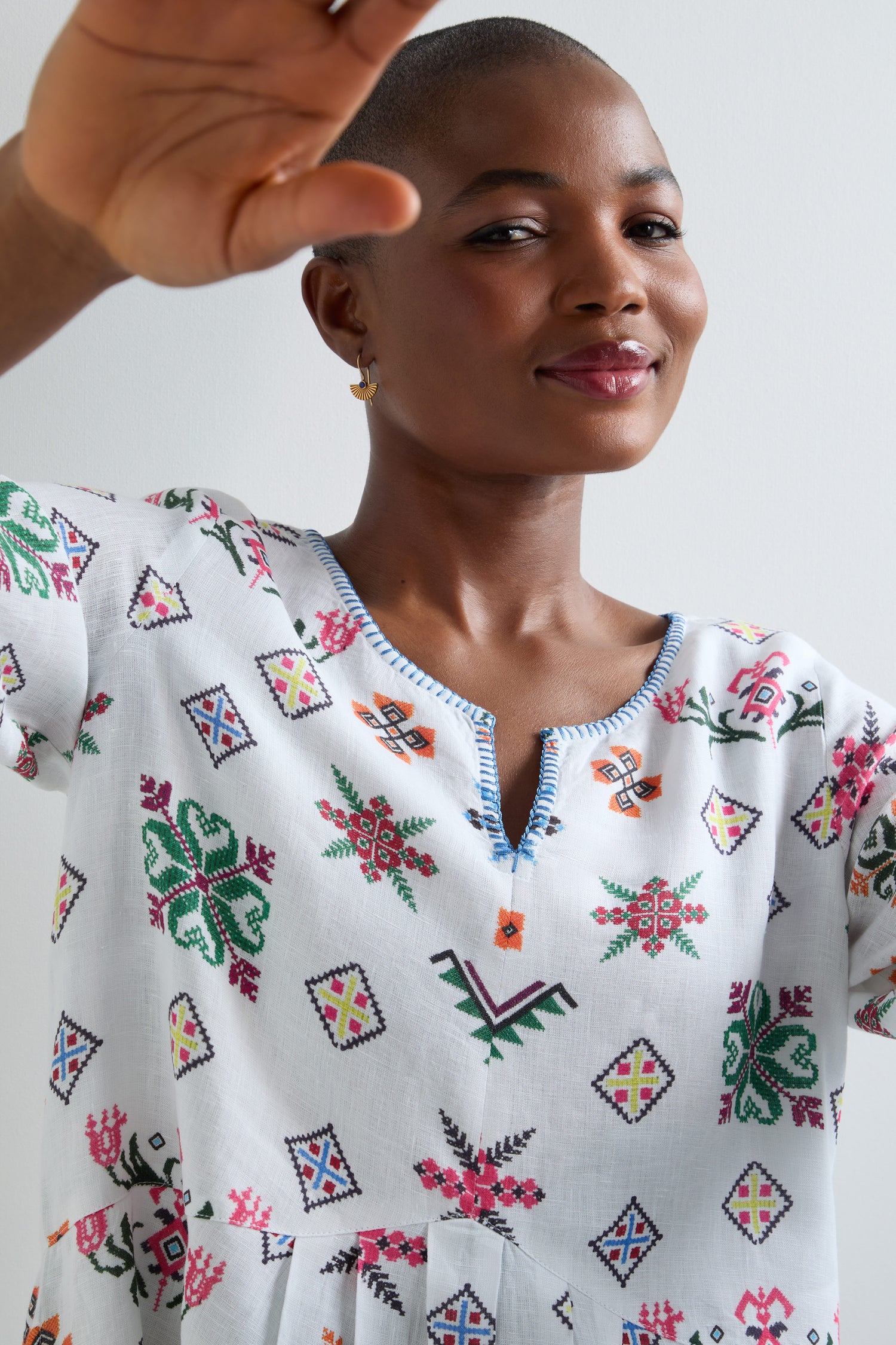 Cross Stitch Print Linen Dress