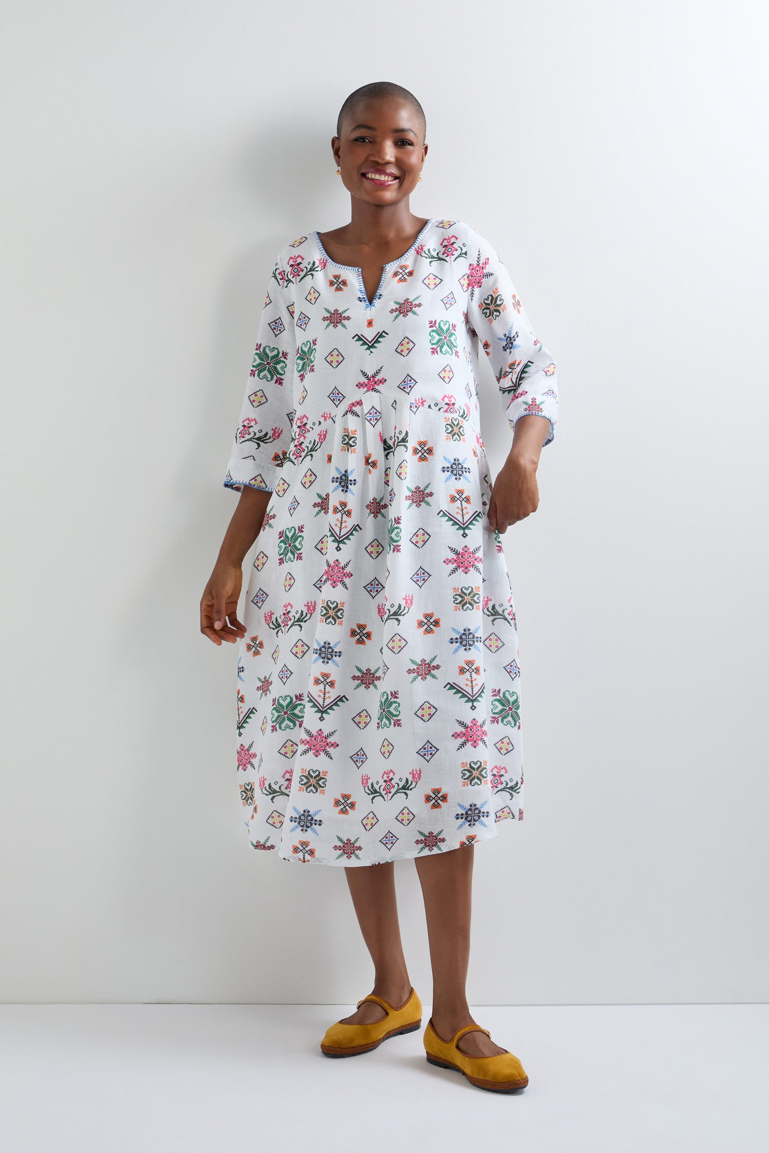 Cross Stitch Print Linen Dress