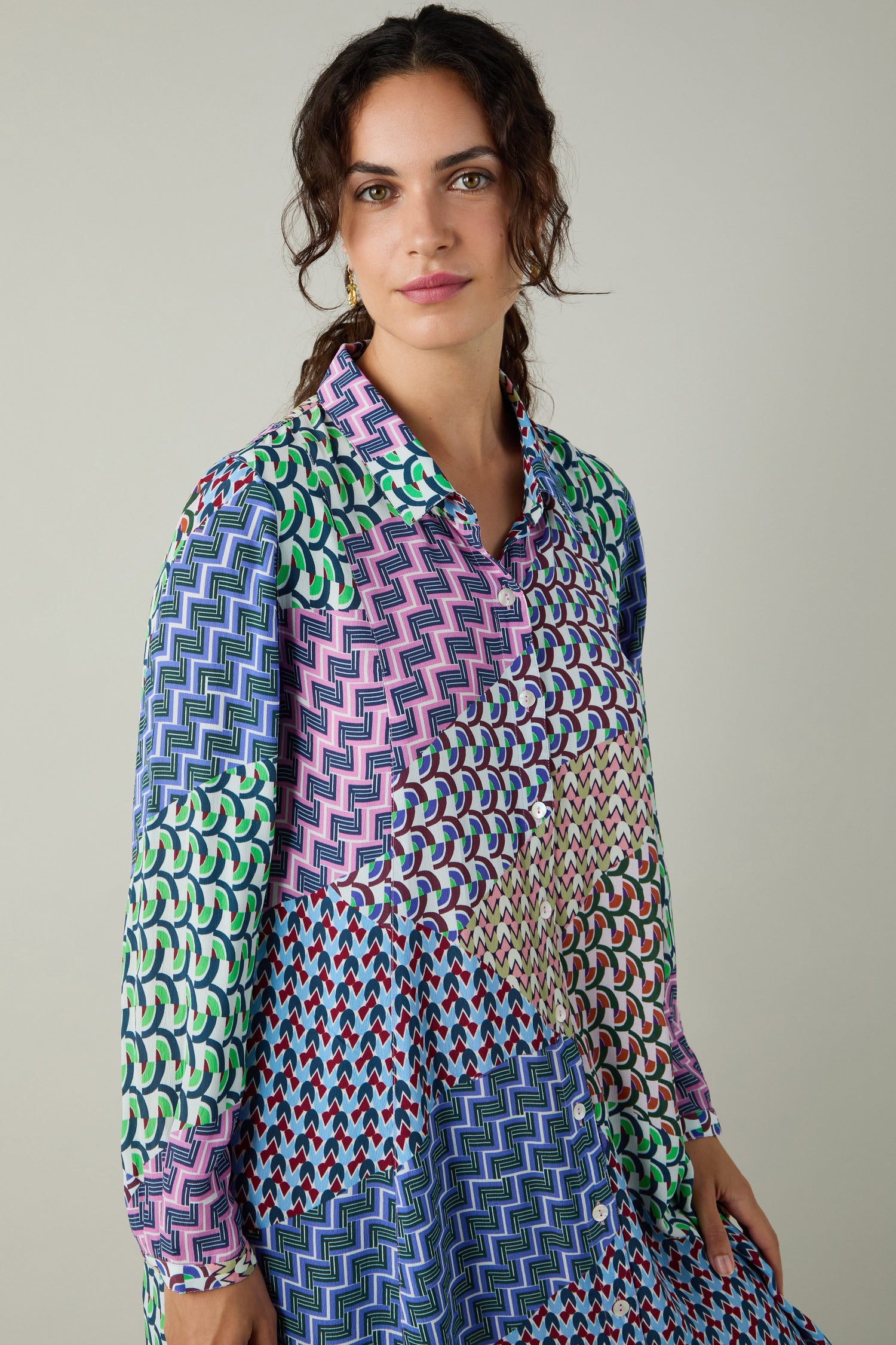 Geo Patchwork Print Shirt Dress