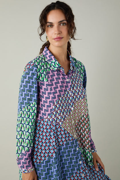 Geo Patchwork Print Shirt Dress