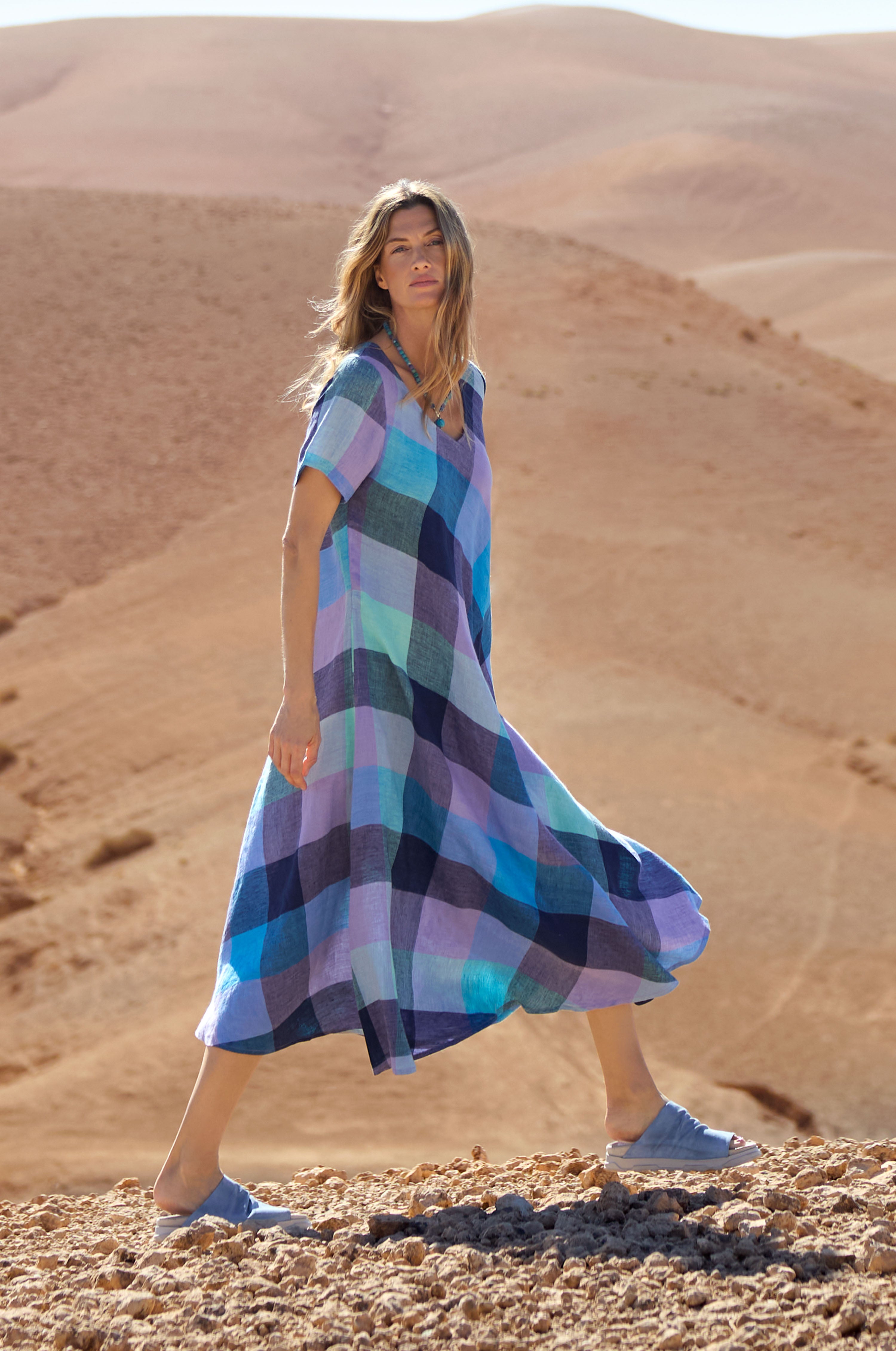 Cross Dye Check Linen Maxi Dress – Sahara