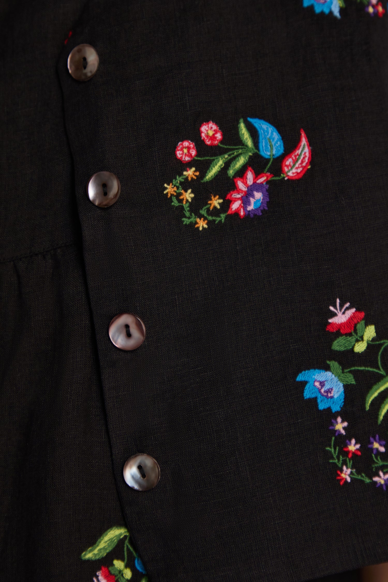 Close-up of the Vintage Floral Embroidered Jacket, showcasing black fabric with multicolored floral embroidery and a row of round, dark buttons.