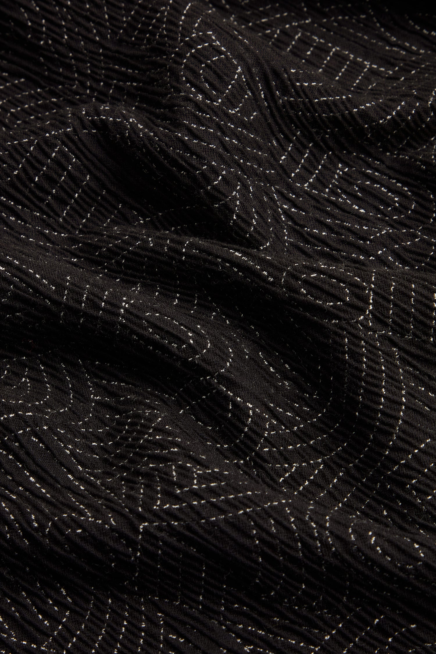 Close-up of the Stitched Jacquard Bubble Trouser, featuring black quilted cotton fabric with white dashed stitched lines in a geometric pattern and gentle folds—ideal for crafting unique bubble trousers or cropped leg styles.