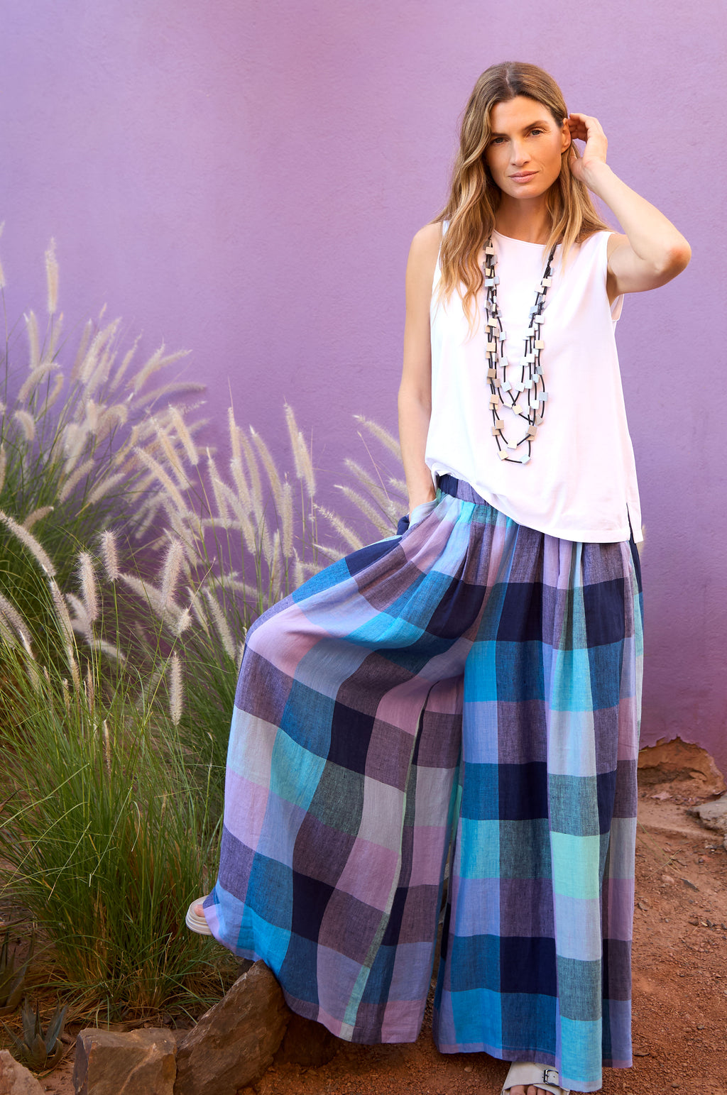 Cross Dye Check Linen Wide Trousers – Sahara