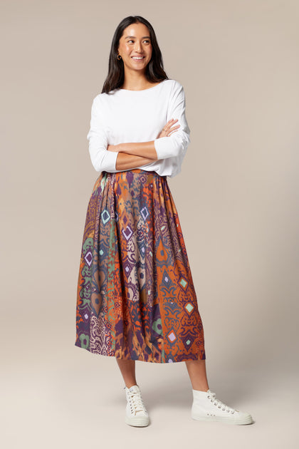 A bohemian beauty wearing an Ikat Print Twill Skirt.
