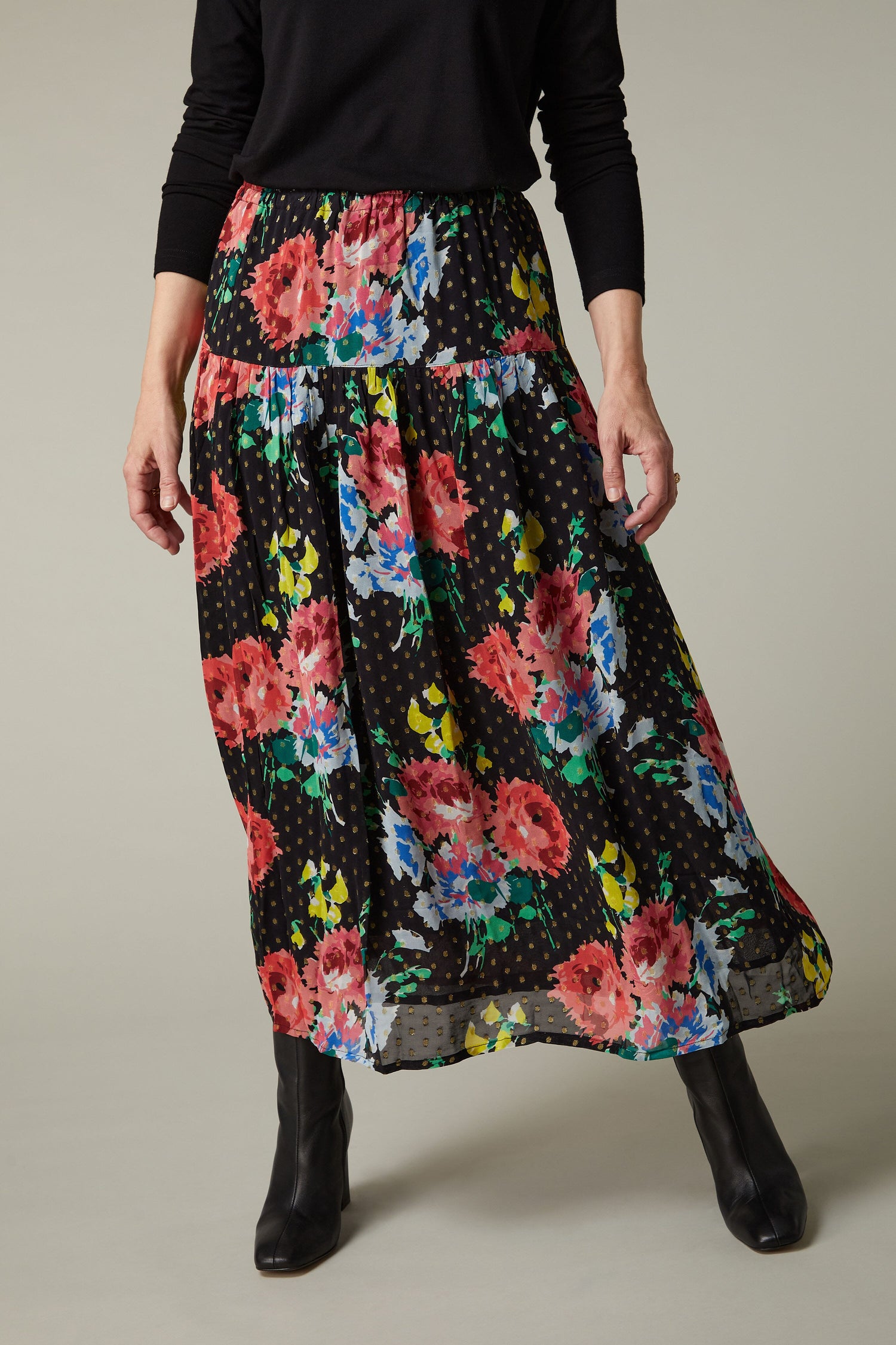 A woman wearing a Vintage Floral Bouquet Skirt