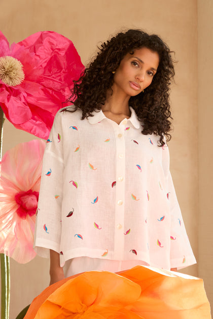 Embroidered Leaf Boxy Linen Shirt