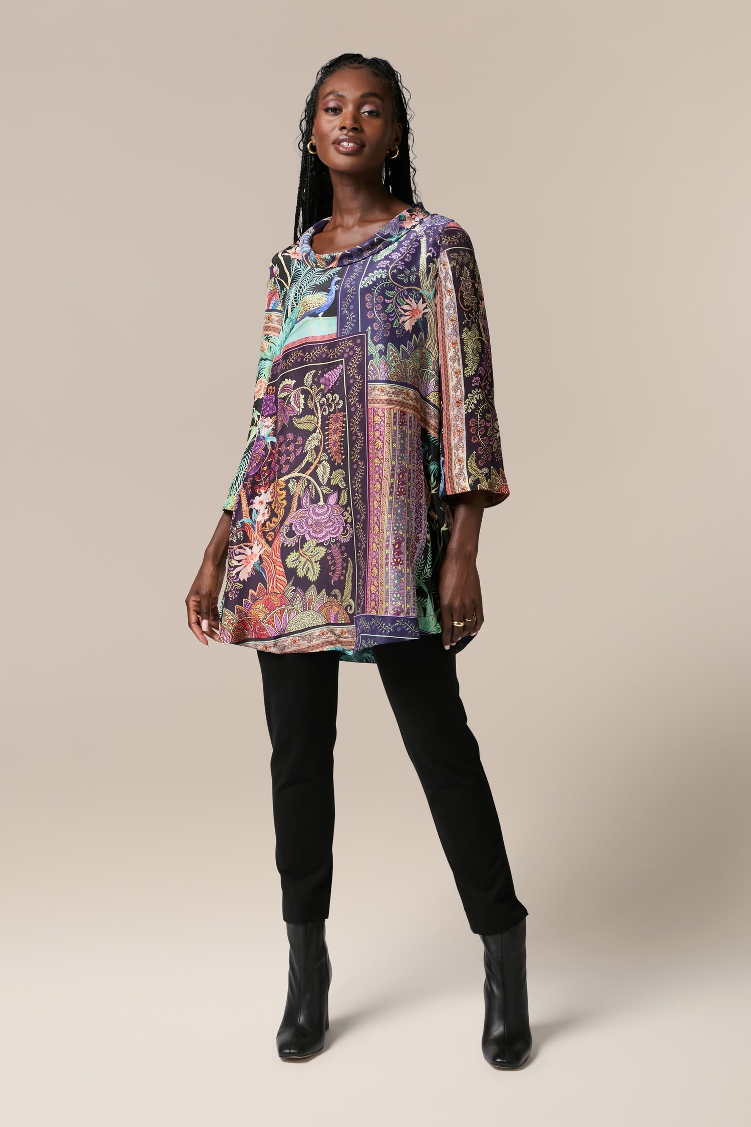 A bohemian woman wearing a Mythical Print Silk Tunic.