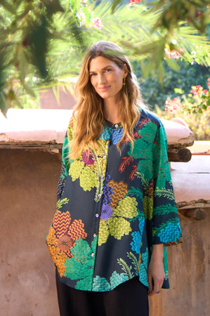 Pixelated Petals Print Silk Shirt