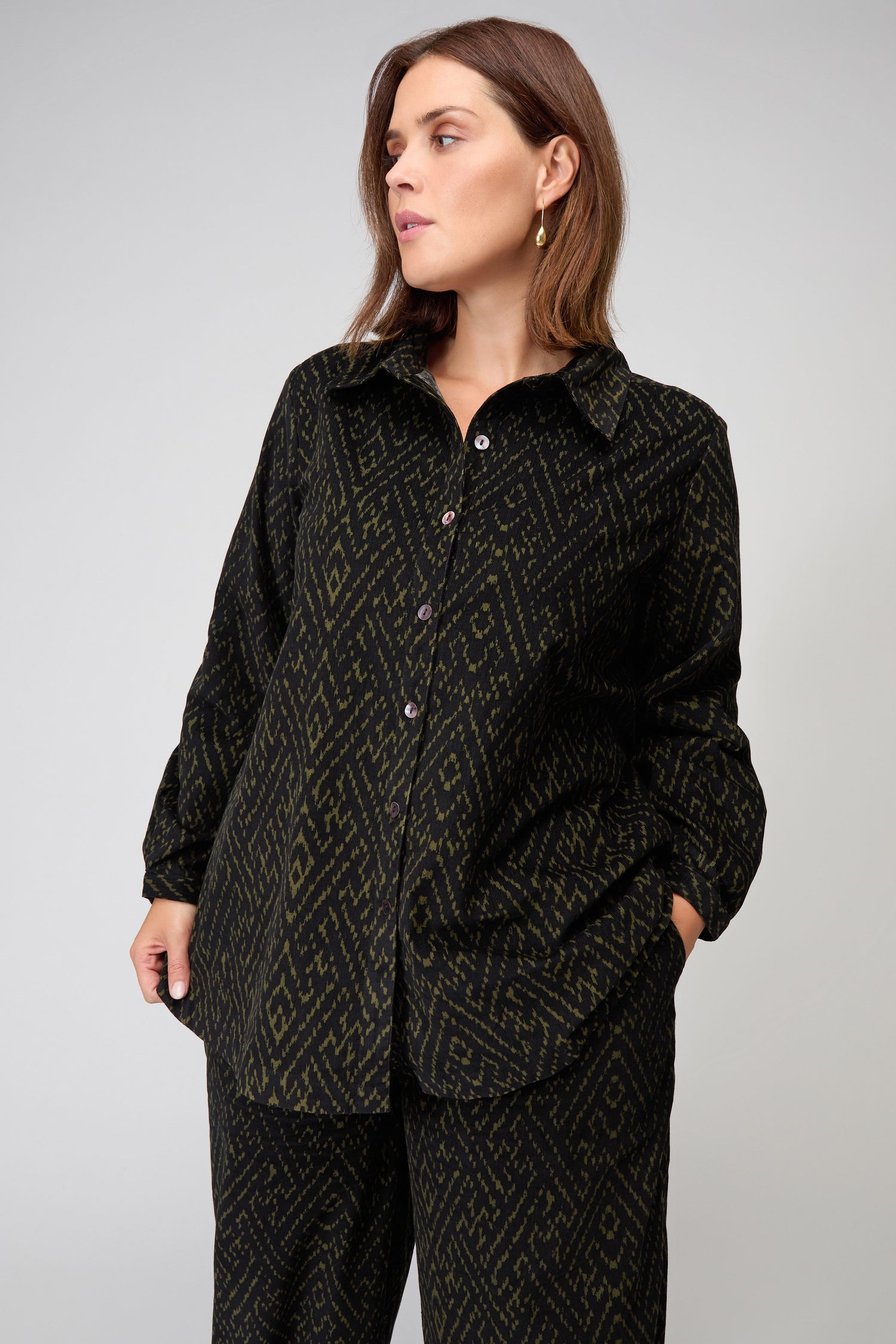 Ornate Textured Cord Black and Khaki Shirt
