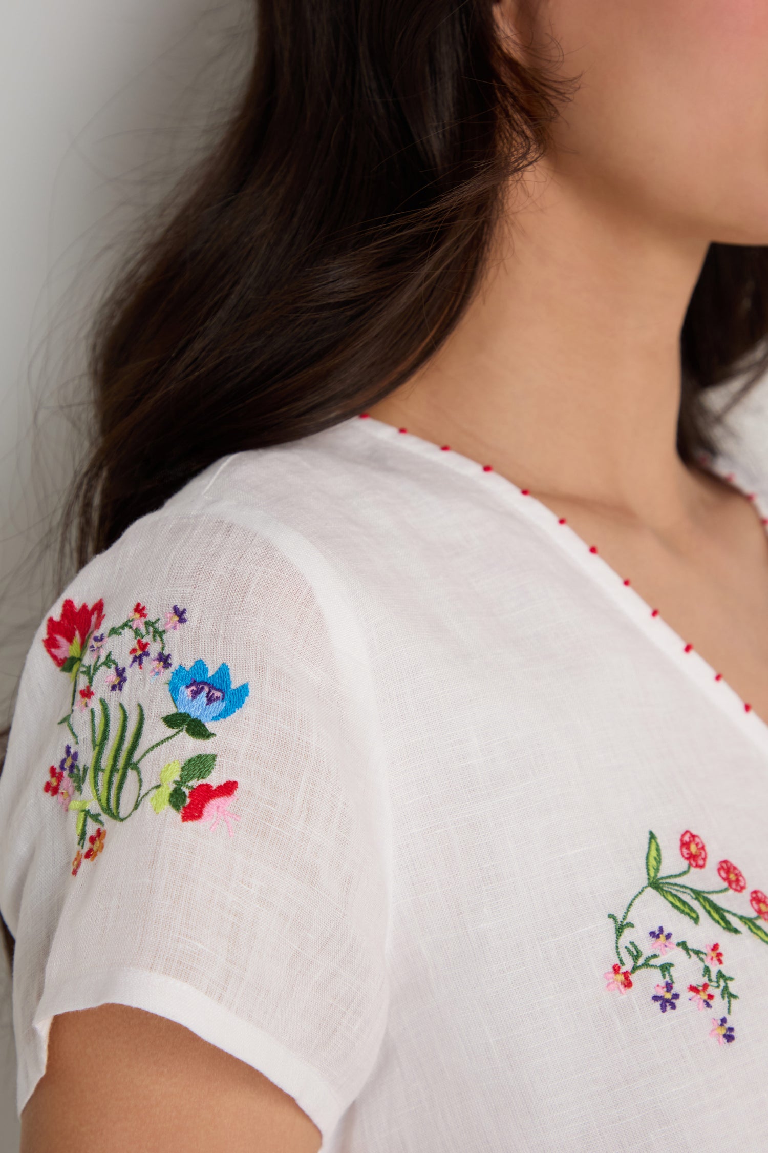 Close-up of a person wearing the Vintage Floral Embroidered Top, which features colorful floral embroidery on the sleeve and chest.