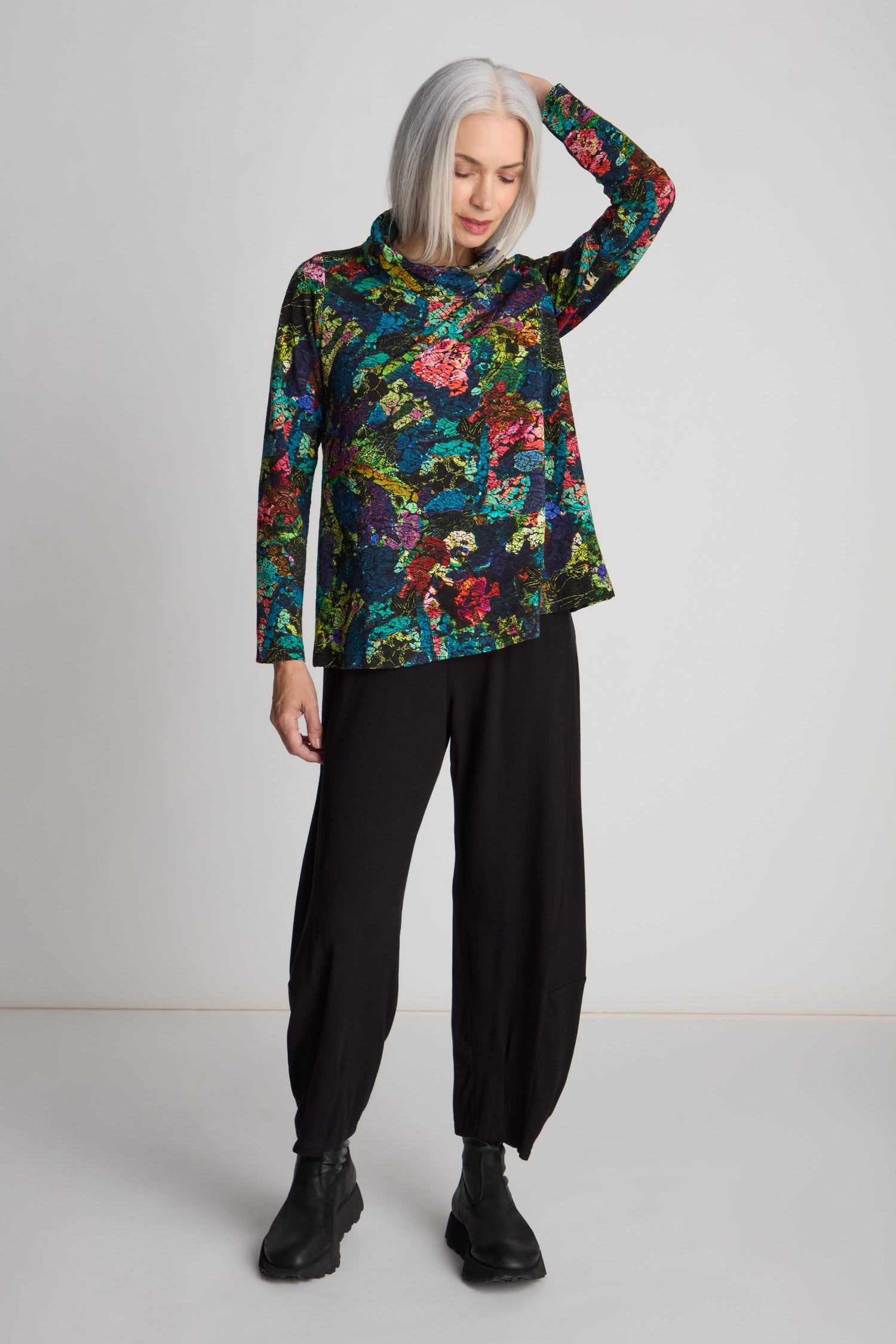 Abstract Floral Jersey Cowl Neck Top