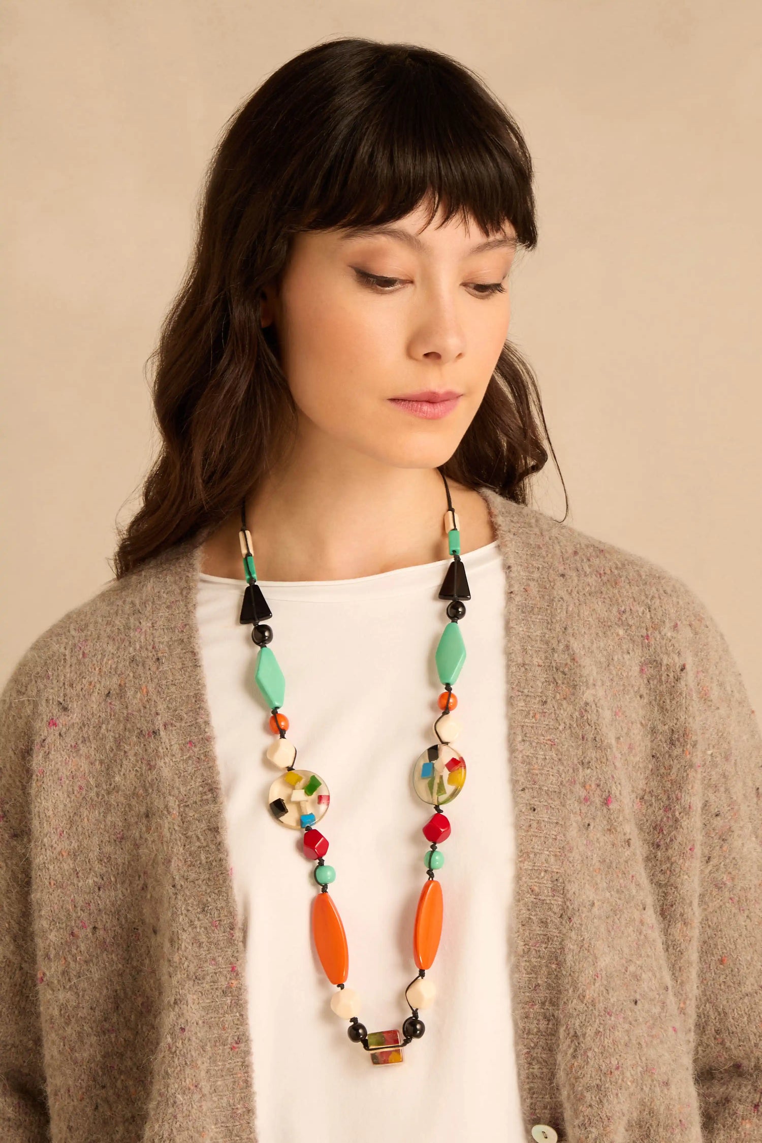 Colour Pop Resin Geometric Necklace featuring a long statement design with colorful, geometric resin beads in various shapes and sizes.