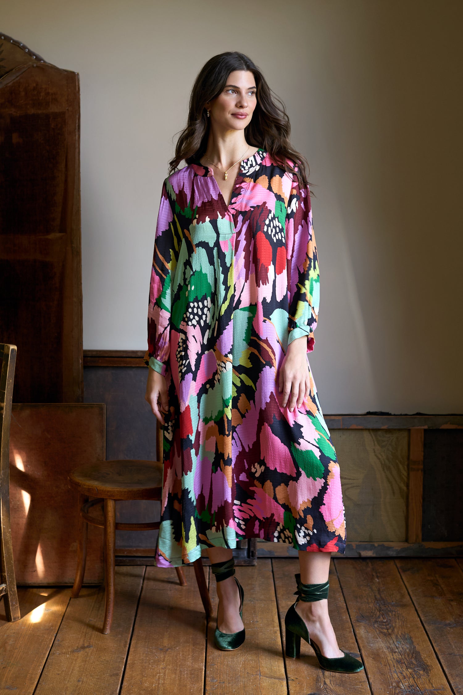 Textured Viscose Floral Collage Print Dress