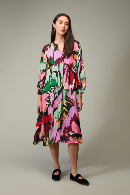 Textured Viscose Floral Collage Print Dress
